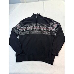 Alan Flusser Mens Black Fair Isle Snowflake Quarter Zip Knit Sweater Large
